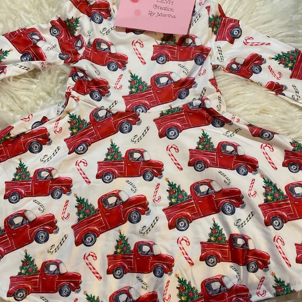 Long Sleeve Red Christmas Tree Truck Dress