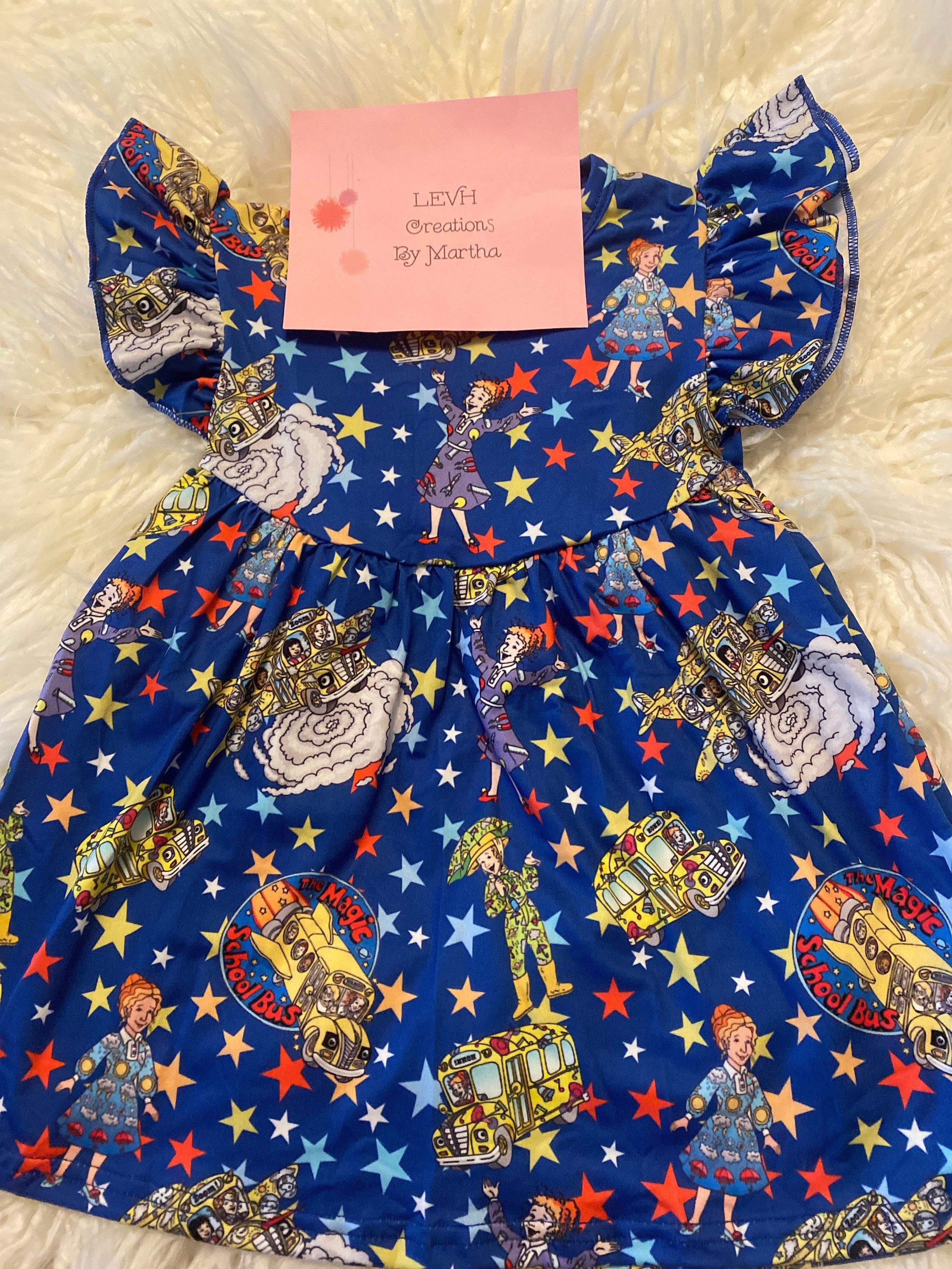 Blue Magic Bus Inspired Book Character Flutter Sleeve Milk Dress