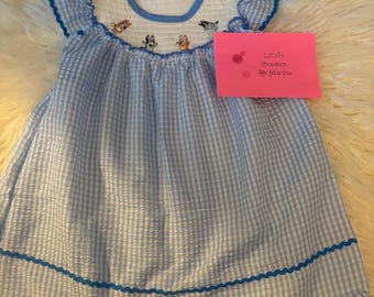Blue Dog Inspired Smocked Embroidered Blue Dress