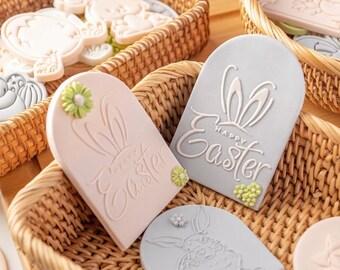 Embossed Mold Easter bunny Cookie Press Stamp. Baby dress, rattle, Happy Easter Embosser stamp and Cutter Fondant.