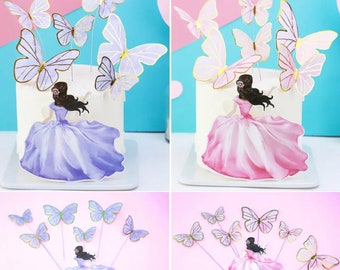 Beauty girl and Butterfly Cake Toppers Set, 7 Pcs Butterfly Cake topper Decorations Party Supplies. Pink/ purple
