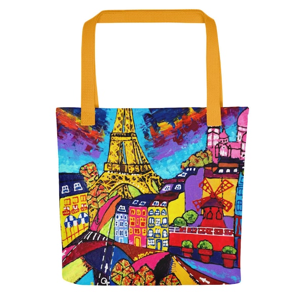 Tote bag large, Paris, France, Mulin Rouge, Tour Eiffel, Peinture originale