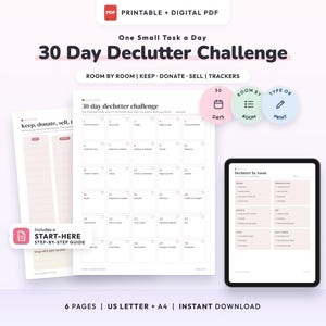 30 Day Declutter Challenge Printable, Declutter Planner & Checklist by Room, Donation Log