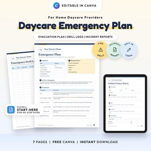 Daycare Emergency Plan Template, Fire Drill Log, Incident Report, Evacuation Plan, Childcare Safety Forms, Editable Canva