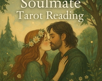 Könnte beinhalten: Illustration eines sich küssenden Paares, vor grün-beigem Hintergrund. Der Text "Soulmate Tarot Reading" steht oben. Die Frau hat lange rote Haare und einen Blumenkranz. Der Mann hat einen Bart und dunkles Haar.