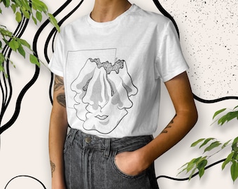 Handmade Screen Printed Unisex Art T-Shirt With Drawing of Face on White 100% Organic Bio Cotton