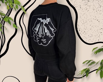 Upcycled Screen Printed Black Cropped Sweater with Handmade Alex Pandora Artwork Patch