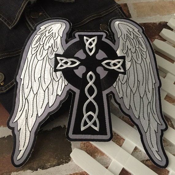 Blue and White Cross with Angel Wings Applique Patch Iron on