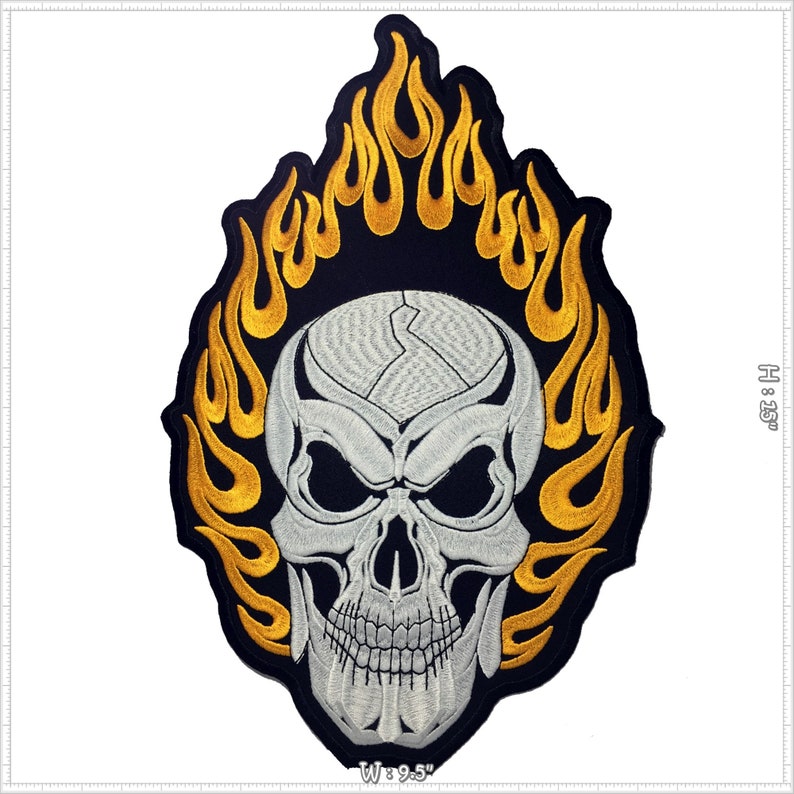 Large Size Fire Flame Big Skull Face iron on Embroidered Back Patch Biker JAcket