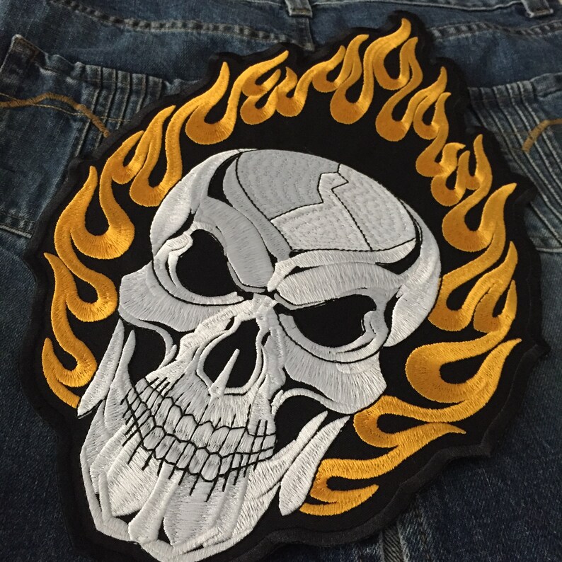 Large Size Fire Flame Big Skull Face iron on Embroidered Back Patch Biker JAcket