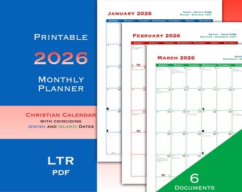 Christelijke maandplanner 2026 AD - Joodse, christelijke en islamitische kalenders gecombineerd - religieuze en Amerikaanse feestdagen - letter