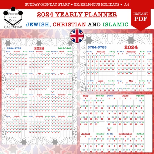 2024 Printable Yearly Calendar - Jewish, Christian, Islamic - Religious and UK Holidays - A4