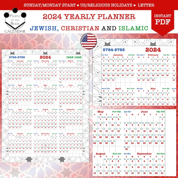 2024 Printable Yearly Calendar - Jewish, Christian, Islamic - Religious and US Holidays - Letter