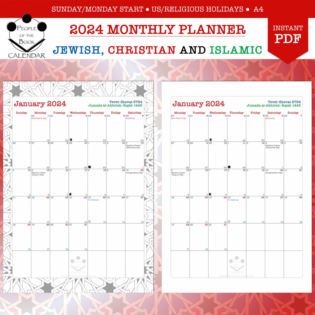 2024 Printable Monthly Calendar Jewish Christian Islamic Etsy