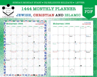 1444 Monthly People of the Book Planner, Religious and US Holidays, Printable - Letter