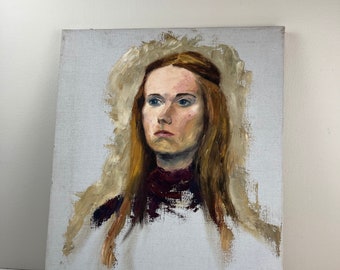 Vintage Original Oil Painting |  Vintage Portrait Painting Mid Century Modern Original Art | Female Portrait 1970's MCM Retro Art Canvas