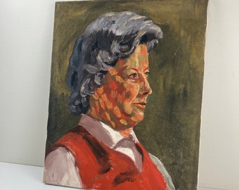 Vintage Original Oil Painting |  Vintage Portrait Painting Mid Century Modern Original Art | Female Portrait 1970's MCM Retro Art Canvas