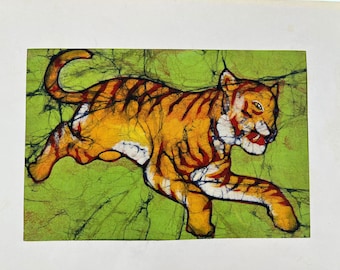 Vintage Original Artwork Batik Dyed Tiger Wall Art Handmade Colorful Painting Fabric Art Gallery Wall Vintage Style Home Decor Boho Gift