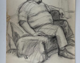 Vintage Artist Original Black & White Charcoal Sketch Abstract Figural Drawing | Unique Wall Art Decor Gift OOAK Drawing on Paper | Artwork