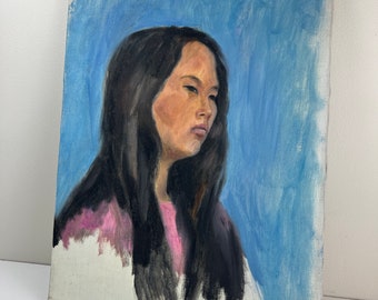 Vintage Original Oil Painting |  Vintage Portrait Painting Mid Century Modern Original Art | Female Portrait 1970's MCM Retro Art Canvas