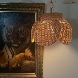 Vintage Bohemian Boho Chic Rattan Wicker Chain Hanging Plug in Lamp Hanging Swag Lamp Chandelier MCM Mid Century Modern Coastal Decor Light