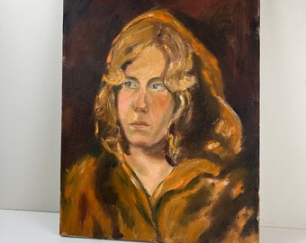Vintage Original Oil Painting |  Vintage Portrait Painting Mid Century Modern Original Art | Female Portrait 1970's MCM Retro Art Canvas