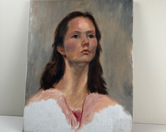 Vintage Original Oil Painting |  Vintage Portrait Painting Mid Century Modern Original Art | Female Portrait 1970's MCM Retro Art Canvas