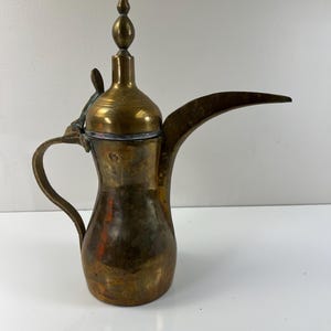 Vintage Handcrafted Brass Middle Eastern Handmade Dallah Coffee Tea Pot Arabic Art Object Bohemian Decor Gift 15” Tall
