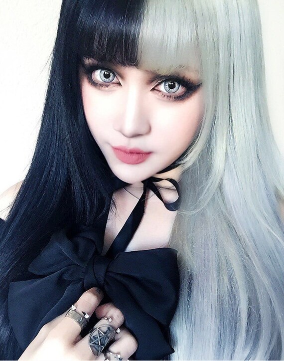 Black And White Wig Half Black And Half White Side By Side Etsy Black And White Wig Half Black And Half White Side By Side Etsy