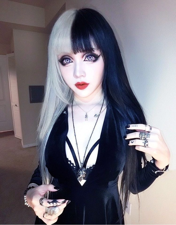 Black And White Wig Half Black And Half White Side By Side Straight Hair Wig Punk Black And White Wig Half Black And Half White Side By Side Straight Hair Wig Punk