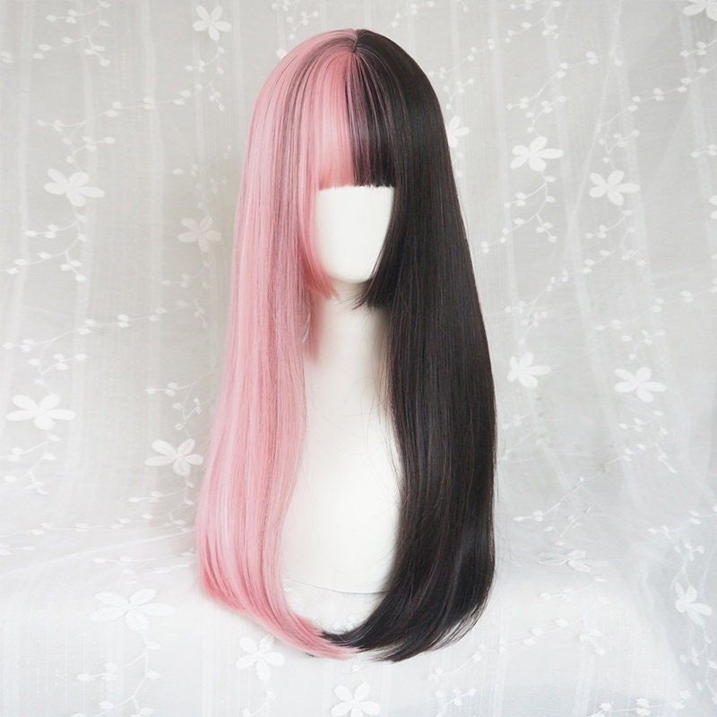 Brownish Black Pink Wig Half Brown Black Half Pink Wig Wig Etsy Brownish Black Pink Wig Half Brown Black Half Pink Wig Wig Etsy