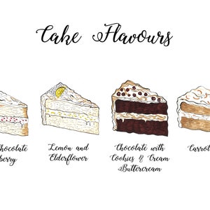Menu torta illustrato personalizzato, menu di sapore torta nuziale, docce bambino e celebrazioni!