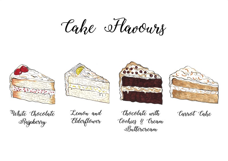 Custom Illustrated Cake Menu, Wedding Cake Flavour Menus, Baby Showers