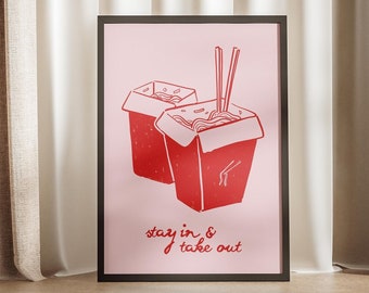 Stay in & Take Out Noodles Takeaway Box Print, Girl Dinner Poster, Asian Kitchen Food Doodles Wall Art Pink Red Preppy Noods Minimal Takeout