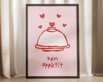 Bon Appetit Food Red Pink Preppy Print, Hearts Cloche Plate Girly Trendy Poster, Kitchen Retro Wall Art, Fun Cute Girl Core Aesthetic Decor