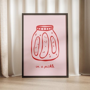 In einem Gurkensaftglas Doodle Wandkunst, Wortspiel Poster, trendige Preppy Print Küche Essen Doodles rosa rot minimale Gurke Vegan Veggie