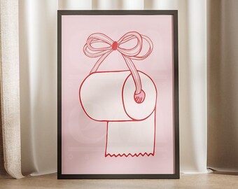Toilet Paper Roll Coquette Core Aesthetic, Red Pink Preppy Print, Girly Trendy Poster, Girls Bathroom Retro Wall Art, Bows Cute Decor Ribbon