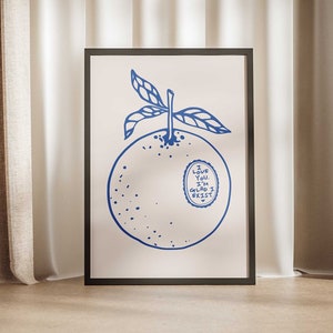 Pomarańczowy wiersz Kocham cię Cieszę się, że istnieję Wydruk ścienny, inspirujący plakat z afirmacją Pomysły na prezenty Modna sztuka Preppy Kremowy niebieski Mid Century