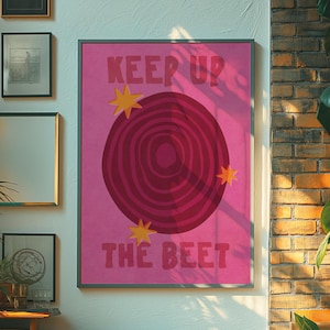 Affiche L'amour à la betterave, impression d'art rétro amusante, décoration de cuisine colorée éclectique, musique de fond, design couleur betterave rouge bordeaux