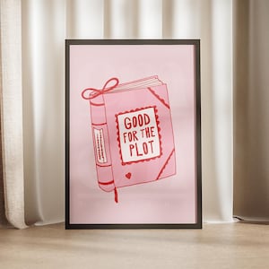 Impresión artística preppy en rosa y rojo con cita "Bueno para la trama", póster para aliviar la ansiedad, diario con tipografía de afirmación, arte de pared estético retro y femenino de moda