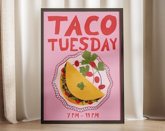 Tacos du mardi soir, impression rétro cuisine mexicaine, affiche preppy rose rouge nourriture cuisine culture tendance art mural esthétique dîner fille