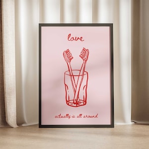 Liebe eigentlich ist rundherum rot rosa Preppy Print, Girly Trendy Badezimmer Poster, Paare Liebhaber Retro Wandkunst, Bögen niedliches Dekor Zahnbürsten