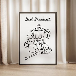 May include: Black and white illustration of a coffee pot, mug, and pastries on a plate with a spoon. The text "Girl Breakfast" is at the top of the image.
