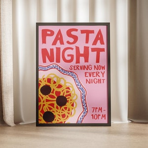 Noite de almôndegas de macarrão, culinária italiana, impressão retrô, rosa, vermelho, pôster preppy, comida vintage, cozinha, decoração italiana, espaguete, estética da moda, parede
