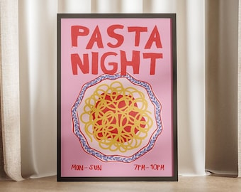 Pasta Night Italian Cuisine Retro Print, Pink Red Preppy Poster Vintage Food Kitchen Italy Culture Decor Spaghetti Trendy Aesthetic Wall Art