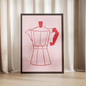 Hand Drawn Moka Pot Print, Coffee Illustration Poster, Caffeine Gifts Ideas, Preppy Red Pink Wall Art, Trendy, Abstract Minimal Decor Sign