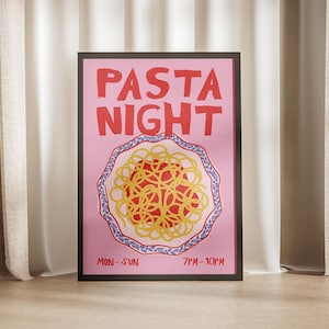 Pasta Night Italian Cuisine Retro Print, Pink Red Preppy Poster Vintage Food Kitchen Italy Culture Decor Spaghetti Trendy Aesthetic Wall Art