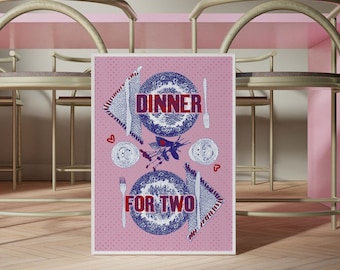 Dinner For Two Poster, Red Pink Preppy Print, Date Night Decor, Girly Dorm Foodie Gifts, Food, Kitchen Retro Vintage Couples Trendy Wall Art