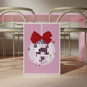 Póster de bola de discoteca ecléctica de color rojo y rosa, impresión de dormitorio de chicas preppy, decoración de lazos de chicas, artes de semitonos retro vintage, arte de pared de moda de los años 70