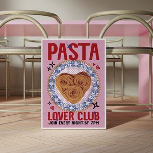 Poster Pasta Lover Club, stampa di cibo preppy rosso rosa blu, cuore spaghetti cena femminile arredamento italiano, cucina retrò vintage arte murale alla moda